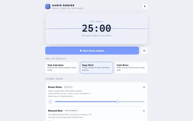 ADHD Audio Engine on a desktop browser: timer, profiles and the channel mixer