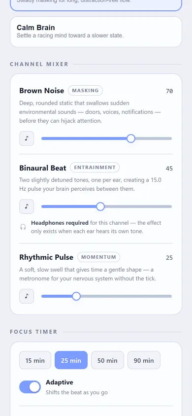 Audio Engine channel mixer and timer options on a phone