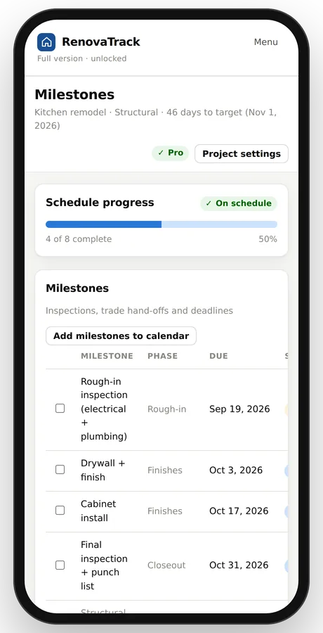 RenovaTrack milestones on a phone