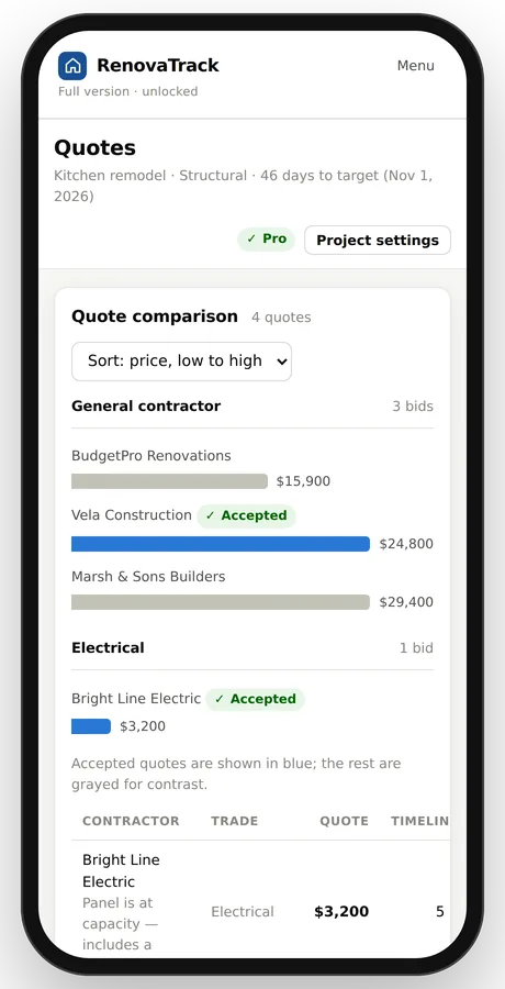 RenovaTrack quote comparison on a phone