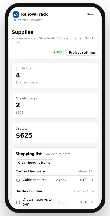 RenovaTrack supply list on a phone