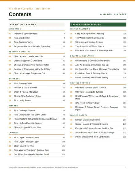 The Complete Library contents page: 44 numbered guides in two columns, year-round and cold-weather repairs, with page numbers