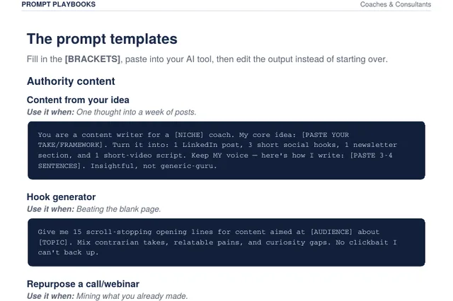 An AI Prompt Playbooks template page: fill-in-the-blank prompts for a coach with [BRACKETS] to replace and a 'use it when' line under each one